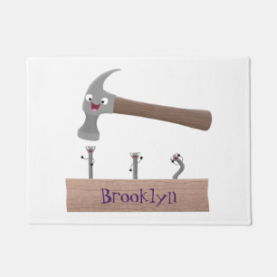 Cute, funny hammer and nails cartoon illustration doormat