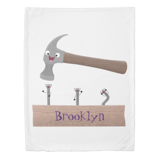Cute, funny hammer and nails cartoon illustration duvet cover (Front)
