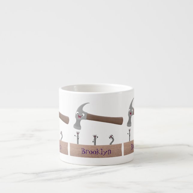 Cute, funny hammer and nails cartoon illustration espresso cup (Front)