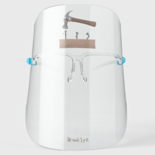 Cute, funny hammer and nails cartoon illustration face shield