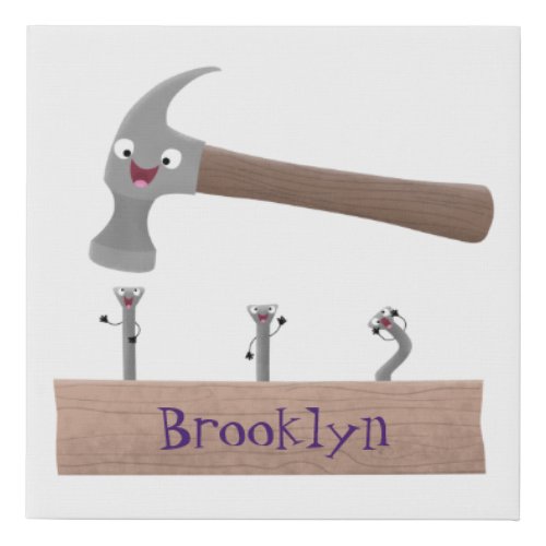 Cute funny hammer and nails cartoon illustration faux canvas print