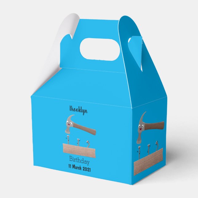 Cute, funny hammer and nails cartoon illustration  favor boxes (Front Side)
