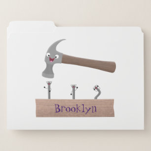 Cute, funny hammer and nails cartoon illustration file folder