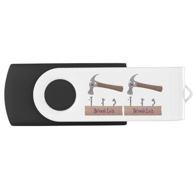 Cute, funny hammer and nails cartoon illustration flash drive (Front)