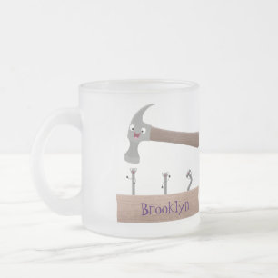 Cute, funny hammer and nails cartoon illustration frosted glass coffee mug