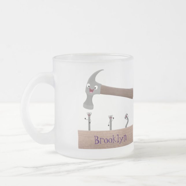 Cute, funny hammer and nails cartoon illustration frosted glass coffee mug (Left)