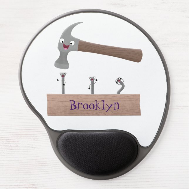 Cute, funny hammer and nails cartoon illustration  gel mouse pad (Front)