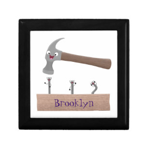 Cute, funny hammer and nails cartoon illustration gift box