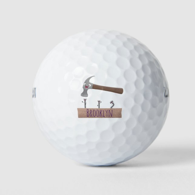 Cute, funny hammer and nails cartoon illustration golf balls (Front)