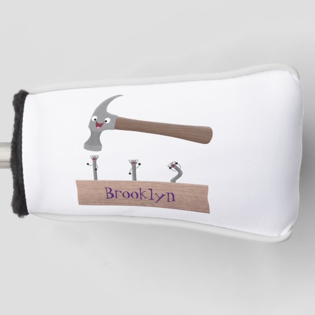 Cute, funny hammer and nails cartoon illustration  golf head cover (Front)