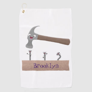 Cute, funny hammer and nails cartoon illustration golf towel