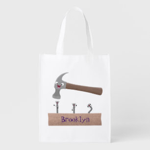 Cute, funny hammer and nails cartoon illustration grocery bag