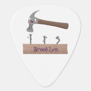 Cute, funny hammer and nails cartoon illustration guitar pick