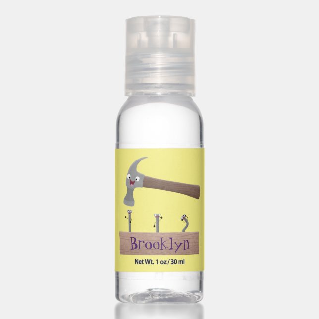 Cute, funny hammer and nails cartoon illustration hand sanitizer (Front)