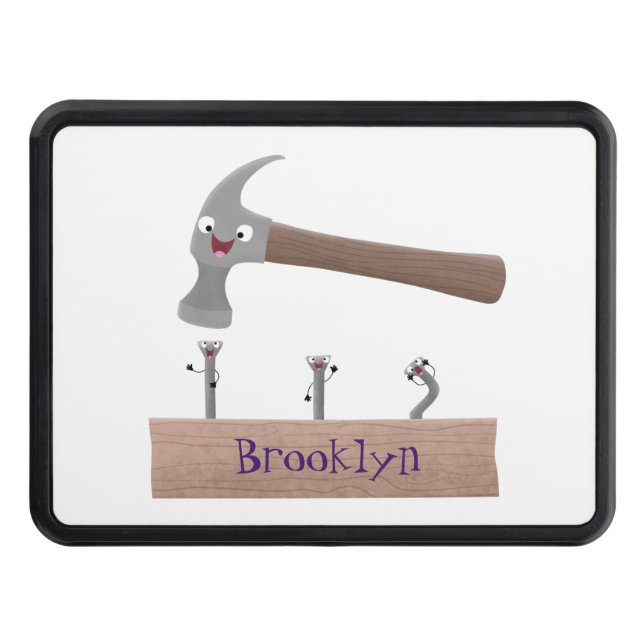 Cute, funny hammer and nails cartoon illustration hitch cover (Front)
