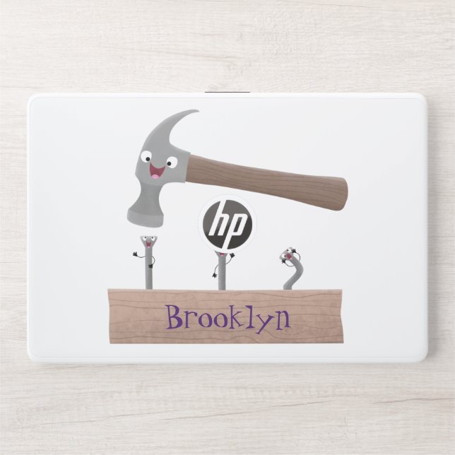 Cute, funny hammer and nails cartoon illustration  HP laptop skin (Front)