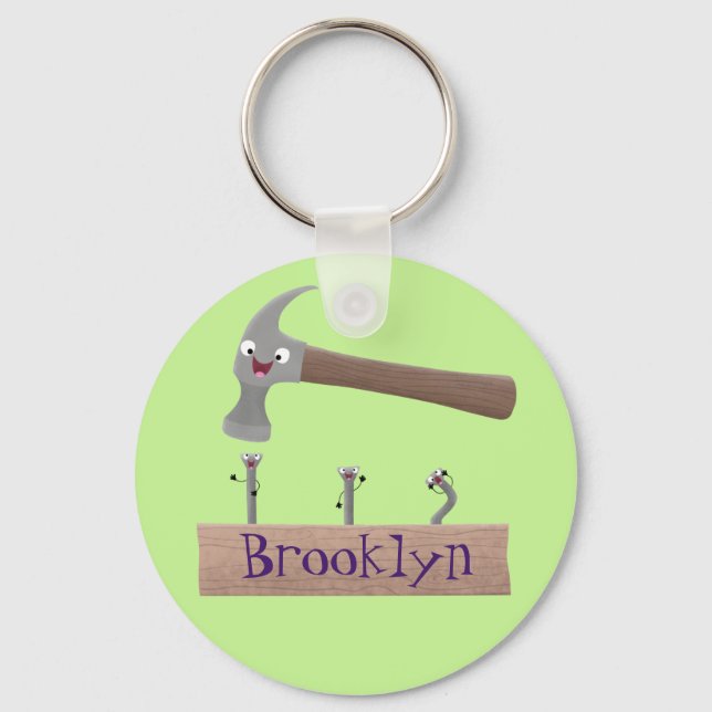 Cute, funny hammer and nails cartoon illustration keychain (Front)