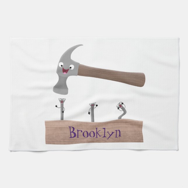 Cute, funny hammer and nails cartoon illustration kitchen towel (Horizontal)