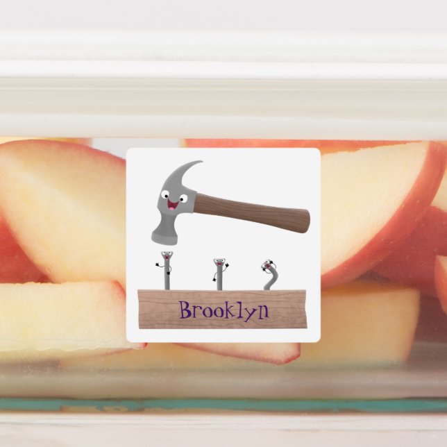 Cute, funny hammer and nails cartoon illustration  labels (Affixed)