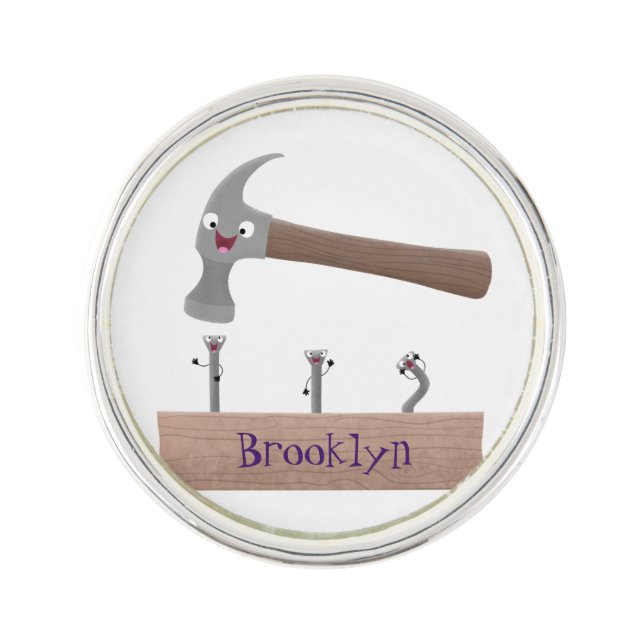 Cute, funny hammer and nails cartoon illustration lapel pin (Front)