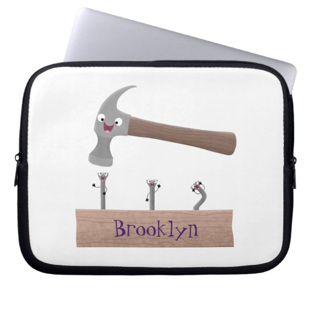 Cute, funny hammer and nails cartoon illustration laptop sleeve (Front)