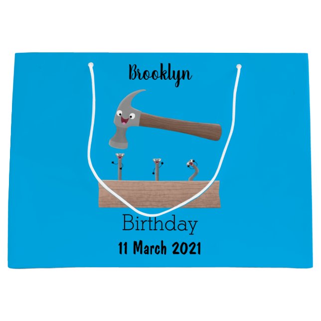 Cute, funny hammer and nails cartoon illustration large gift bag (Front)