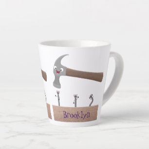Cute, funny hammer and nails cartoon illustration latte mug