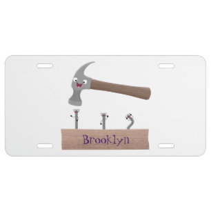 Cute, funny hammer and nails cartoon illustration  license plate