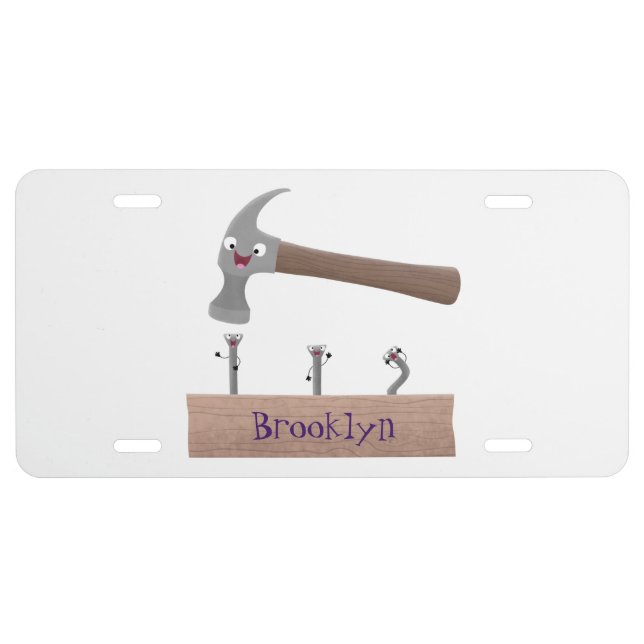 Cute, funny hammer and nails cartoon illustration  license plate (Front)