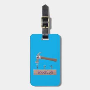 Cute, funny hammer and nails cartoon illustration luggage tag