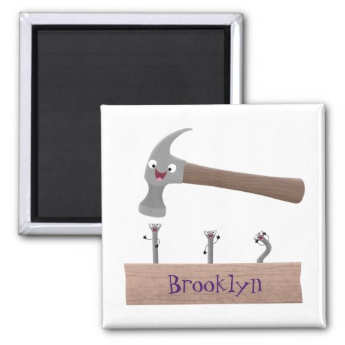 Cute funny hammer and nails cartoon illustration magnet