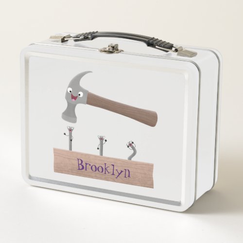 Cute funny hammer and nails cartoon illustration metal lunch box