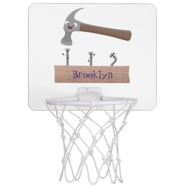 Cute, funny hammer and nails cartoon illustration mini basketball hoop (Front)