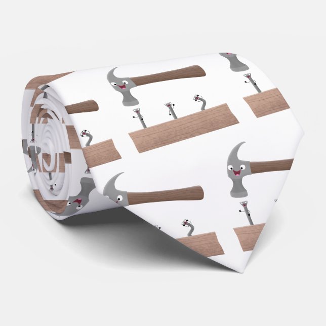 Cute, funny hammer and nails cartoon illustration  neck tie (Rolled)