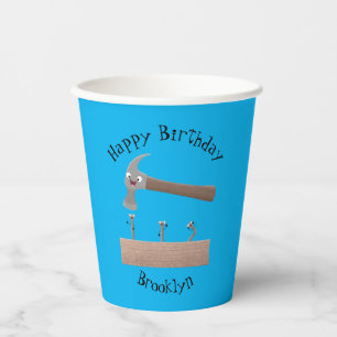 Cute, funny hammer and nails cartoon illustration paper cups