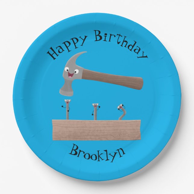 Cute, funny hammer and nails cartoon illustration paper plates (Front)