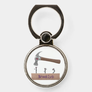 Cute, funny hammer and nails cartoon illustration phone ring stand