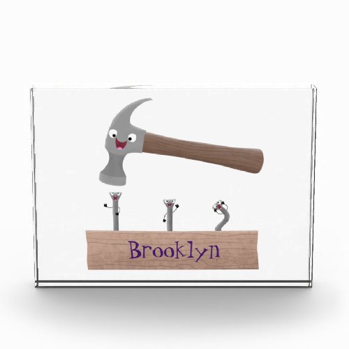 Cute funny hammer and nails cartoon illustration photo block
