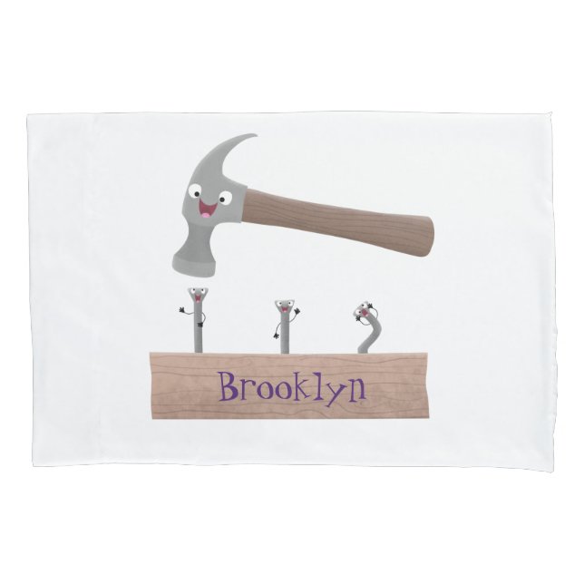Cute, funny hammer and nails cartoon illustration pillow case (Front)