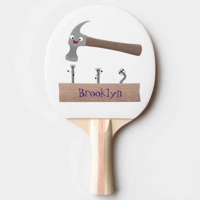 Cute, funny hammer and nails cartoon illustration ping pong paddle (Front)