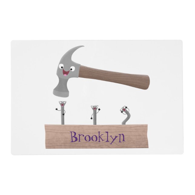Cute, funny hammer and nails cartoon illustration  placemat (Front)