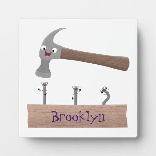 Cute funny hammer and nails cartoon illustration plaque