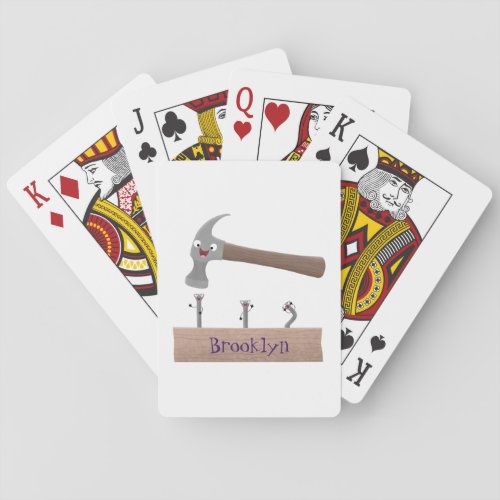 Cute funny hammer and nails cartoon illustration playing cards