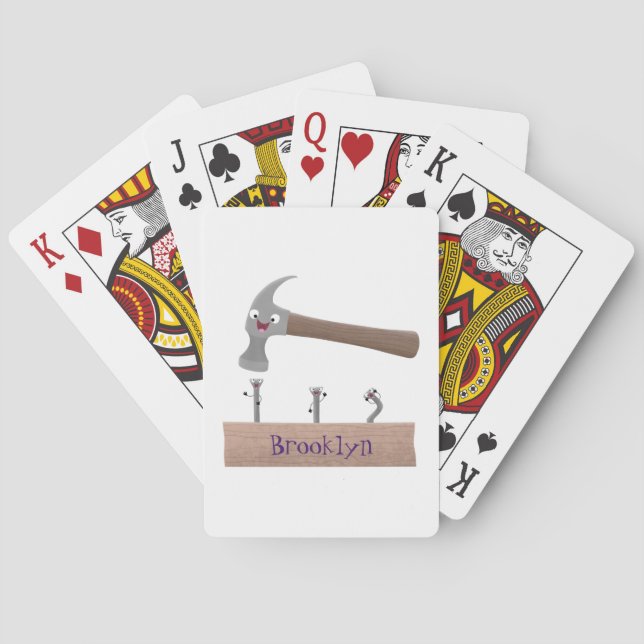Cute, funny hammer and nails cartoon illustration poker cards (Back)