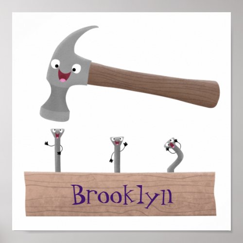 Cute funny hammer and nails cartoon illustration poster