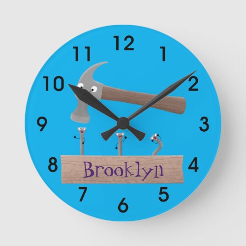 Cute funny hammer and nails cartoon illustration round clock