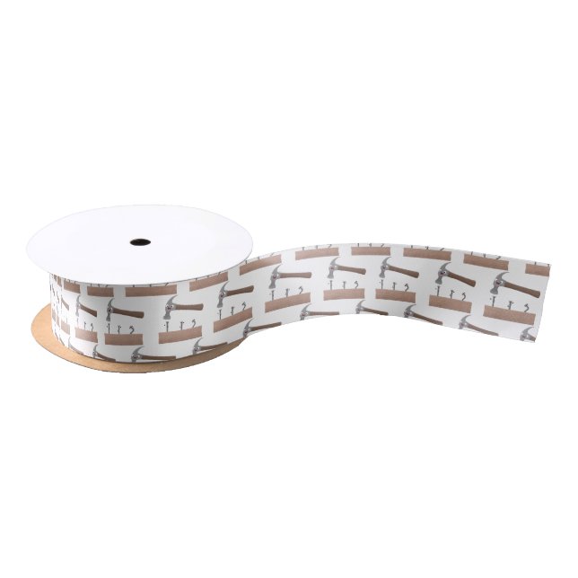 Cute, funny hammer and nails cartoon illustration satin ribbon (Spool)