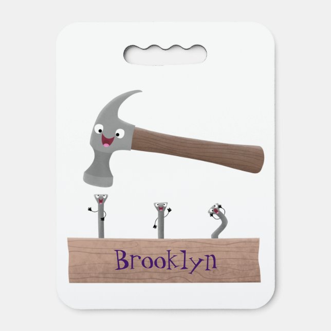 Cute, funny hammer and nails cartoon illustration seat cushion (Front Vertical)
