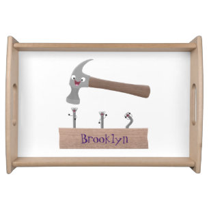 Cute, funny hammer and nails cartoon illustration serving tray