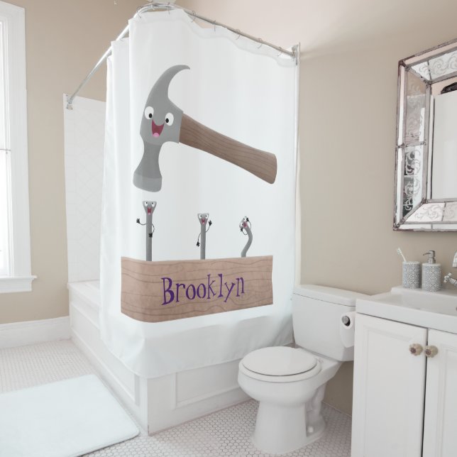 Cute, funny hammer and nails cartoon illustration shower curtain (In Situ)